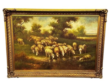 Palatial Gilded Frame Set with Oil on Canvas of Landscape With Sheep