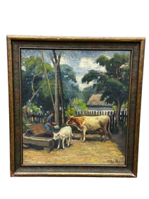 Bilane Oil Painting Oil on Board Farm Scene Woman With Cows
