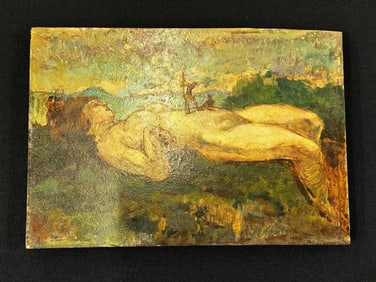 Oil Painting on Board Giant with 2 Small Soldiers on Midsection