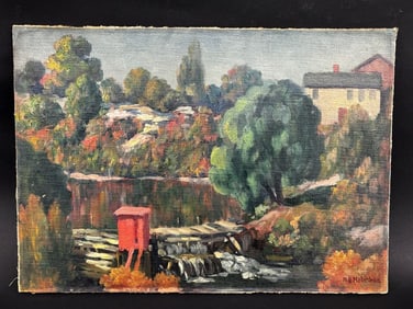 OIl on Canvas Coutnry Landscape Attached to Board Signed H.G. Holmbes