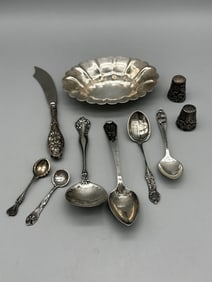 Group of Sterling Silver; Salts, Thimbles, Nut Dish, Others