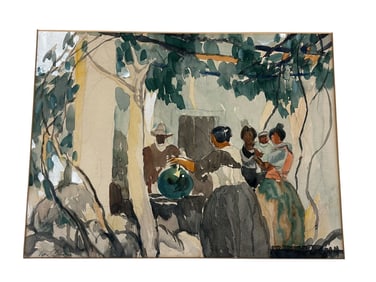 Original Watercolor on Cardboard Getting Water at Well Signed