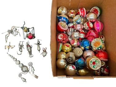 Group of Inset Glass Ornaments and Figural Segmented Insect Ornaments