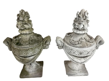 Lidded Cement Garden Urns Drop Apron Male Face Detail