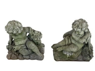 Pair of Angel Cement Concrete Putti Yard Sculptures