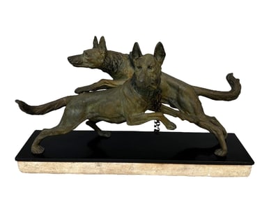 After Edouard Drouot (French, 1859-1945) Metal Sculpture Two German Shepherds on Marble Plinth