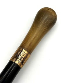 Walking Cane, Bone Handle, 18k Gold Neck Band Monogram AR