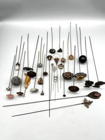 (31) Vintage Hair Pins in (2) Porcelain Hat Pin Holders