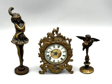 (3) Bronze and Metal Figural Pieces and Clock