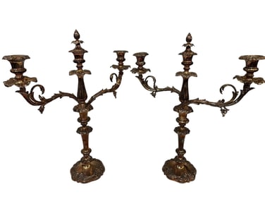 Pair of Ornate Silver Plate 3 Candle Center Table Candelabras