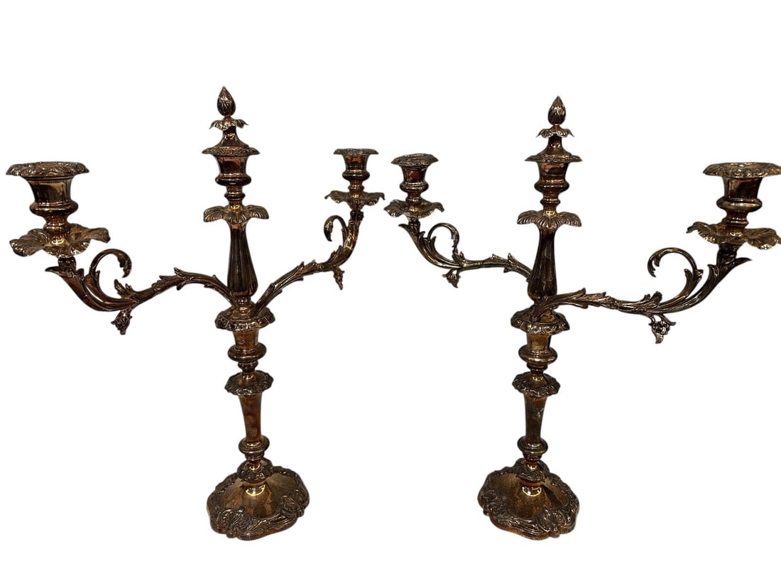 Pair of Ornate Silver Plate 3 Candle Center Table Candelabras (1 of 4)