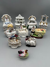 (10) German and English Porcelain Figural Fairing Boxes