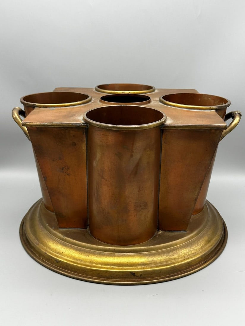 Art Deco Style Copper and Brass Wine Cooler: Art Deco Style Copper and Brass Wine Cooler: 2 handles and measures 7.75" tall, holds 4 bottles. Center ice hole missing lid.