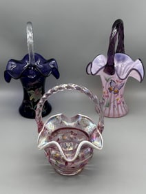 (3) Fenton Glass Hand Painted Baskets