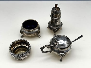 (4) Pieces of Silver Plate Salt Shaker and Dips
