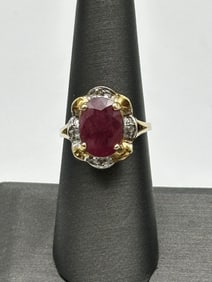 14k Ruby and Diamond Ring: Large Emerald Cut Ruby