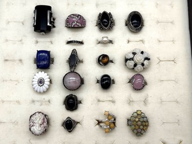 (19) Sterling Silver Rings; Enamel, Cameos