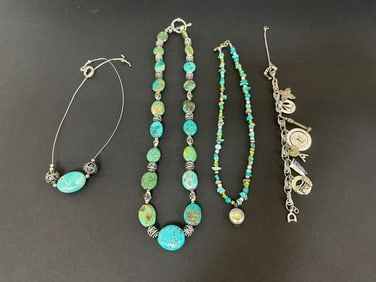(3) Sterling Silver and Turquoise Necklaces & Silvertone Bracelet with Sterling Charms