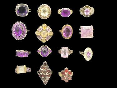 (15) Group of Sterling Silver, Amethyst and Garnet Rings