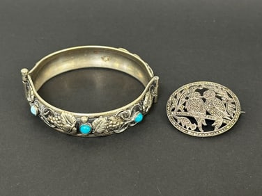 (2) Sterling Silver Jewelry Pieces: Bracelet, Brooch