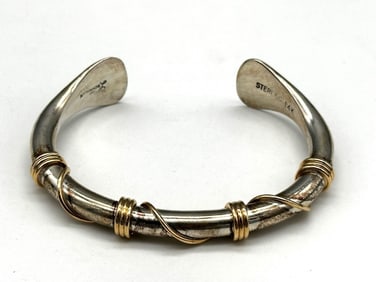 L Schmallie Sterling & 14K YG Cuff Bracelet
