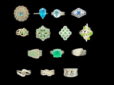(14) Sterling Silver, Topaz, Emerald, Diamonds Rings