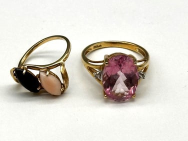 (2) 14k Gold Rings: Coral, Gemstones