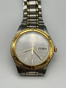 Seiko Two Tone Quartz Day Date Black Face Men's Watch