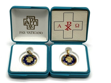 (2) 18k Gold Vatican Alpha Chi Rho Pendants in OB