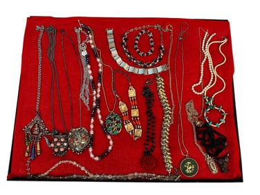 Group of Costume Jewelry; Coral, Jade, Enamel, Rhinestones