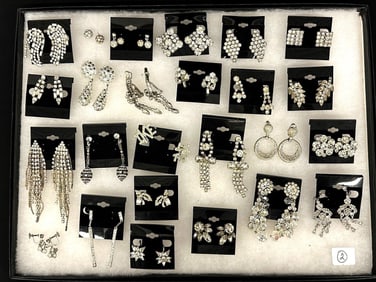 (25) Pairs of Clear Rhinestone Vintage Earrings