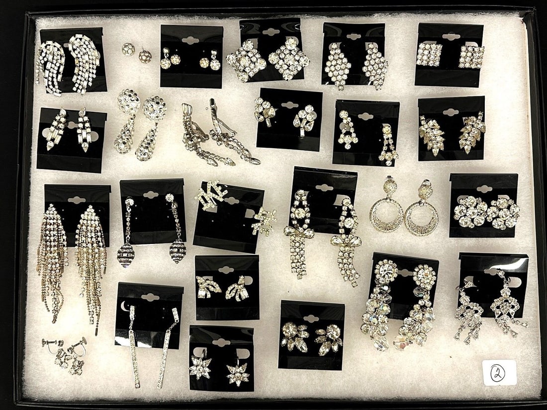 (25) Pairs of Clear Rhinestone Vintage Earrings: (25) Pairs of Clear Rhinestone Vintage Earrings: Includes a pair from Eisenhower campaign "Ike".