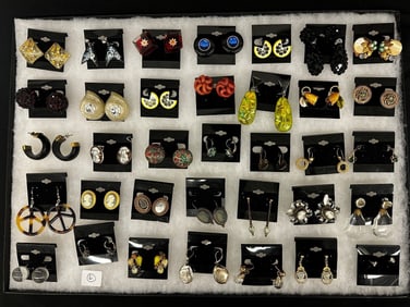 (35) Pairs Vintage Costume Earrings: Cameo, Enamel, Hobe, Gold Filled, Others