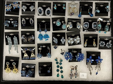 (30) Pairs of Costume Earrings: All Blue, Rhinestones, Gemstones