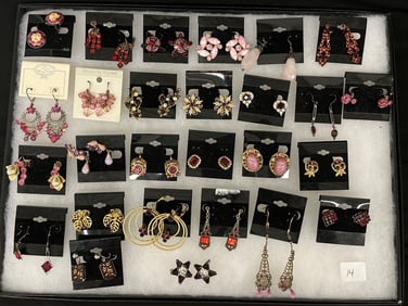 (27) Pairs of Vintage Costume Earrings: Red Rhinestones, Seed Pearls, Red Gemstones, Czech, Germany,