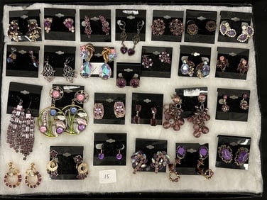 (26) Pairs of Amethyst Color Costume Earrings: Sterling, Rhinestones, Wendy Gell, Austria