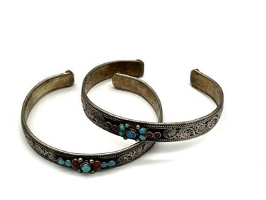 (2) Om Mani Padme Hum Silver Plate Cuff Bracelets With Turquoise