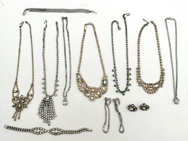 Group of Vintage Clear Rhinestone Jewelry; Necklaces, Bracelets, Earrings