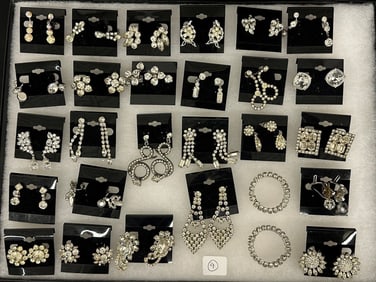 (27) Pairs of Vintage Costume Earrings: Clear Rhinestones