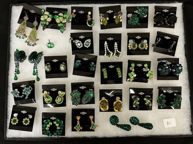 (27 Pairs of Vintage Costume Earrings: Green Rhinestones, Some Signed