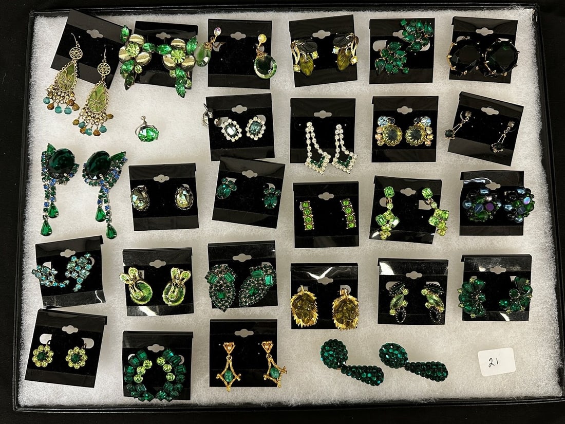 (27 Pairs of Vintage Costume Earrings: Green Rhinestones, Some Signed: (27 Pairs of Vintage Costume Earrings: Green Rhinestones, Some Signed