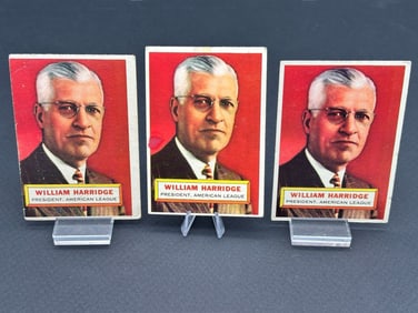 (3) 1956 Topps William Harridge #1 (2) Gray Back (1) White Back Baseball Cards