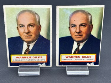 (2) 1956 Topps Warren Giles #2 Both gray Backs Baseball Cards