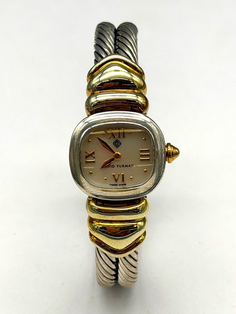 David Yurman Sterling Silver and 14k Gold Cable Band Wrist Watch: David Yurman Sterling Silver and 14k Gold Cable Band Wrist Watch: Mother of Pearl dial.
