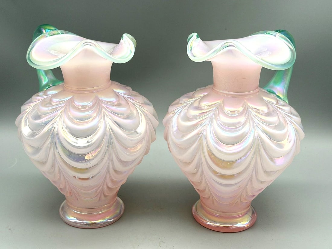 Pair of Fenton Drapery Optic Opalescent Pink and Green Pitchers (1 of 4)