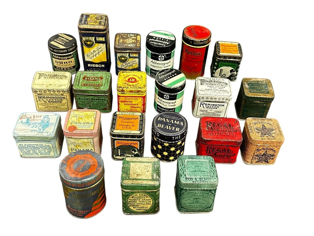 (21) Tall Square, and Round Antique Typewriter Ribbon Tins Some With Ribbons (1 of 5)
