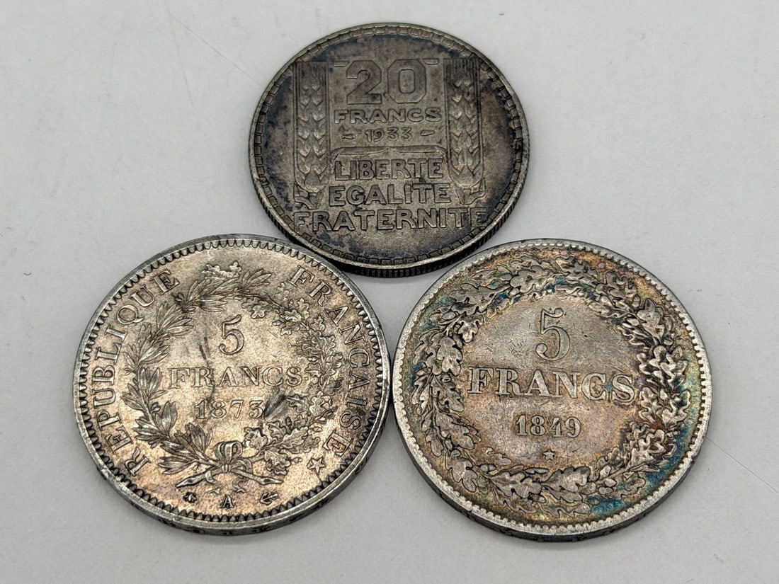 (3) France Silver Coins, 5 and 20 Pesos (1 of 8)