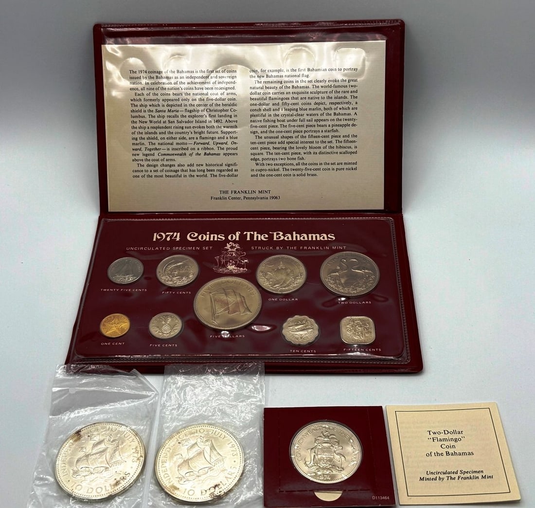 Group of Uncirculated Coins from The Bahamas by The Franklin Mint: Group of Uncirculated Coins from The Bahamas by The Franklin Mint. Included is the 1974 Coins of The Bahamas Uncirculated Specimen Set, (1) sterling silver 1974 $2 Flamingo Coin of The Bahamas and (2)