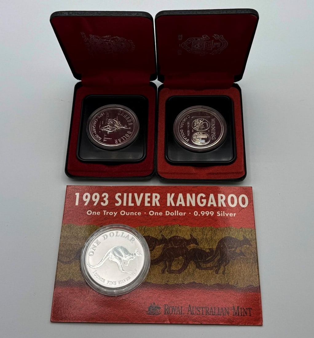 Group of (1) 1993 Australia Silver Kangaroo and (2) Silver Canada Dollars (1 of 2)