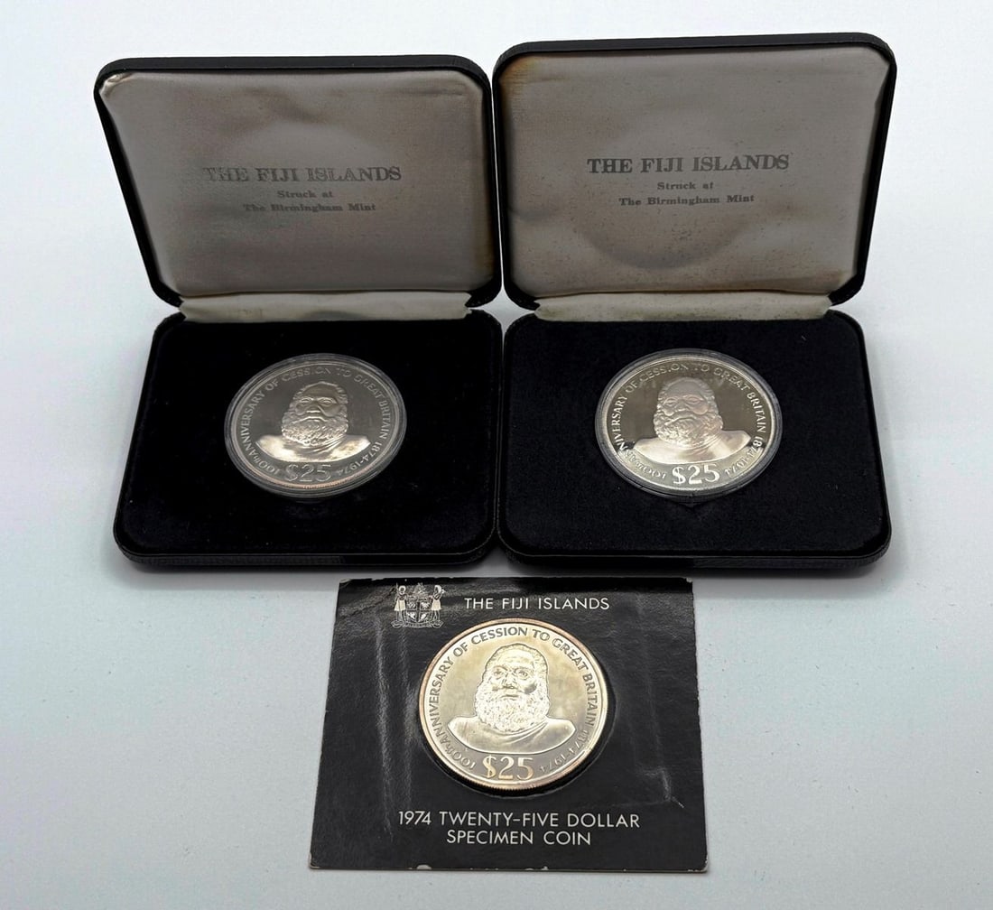 Group of (3) 1974 Fiji Island $25 Sterling Silver Centennial Coins (1 of 3)